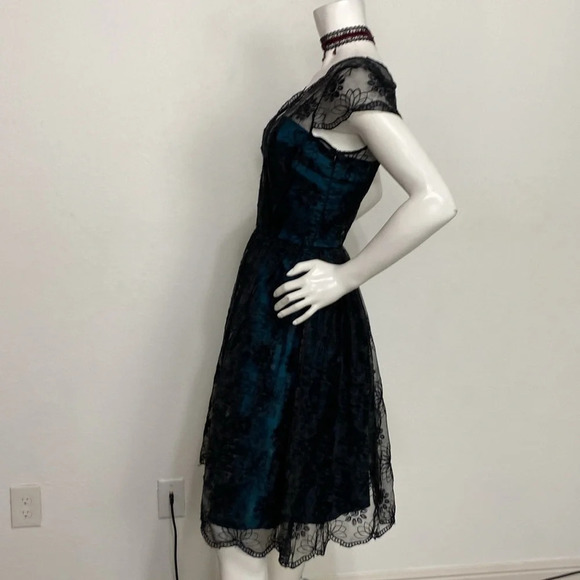 Voodoo Vixen NEW Black Teal Embroidered Lace Overlay Witchy Retro Pin Up Dress S - Picture 10 of 15